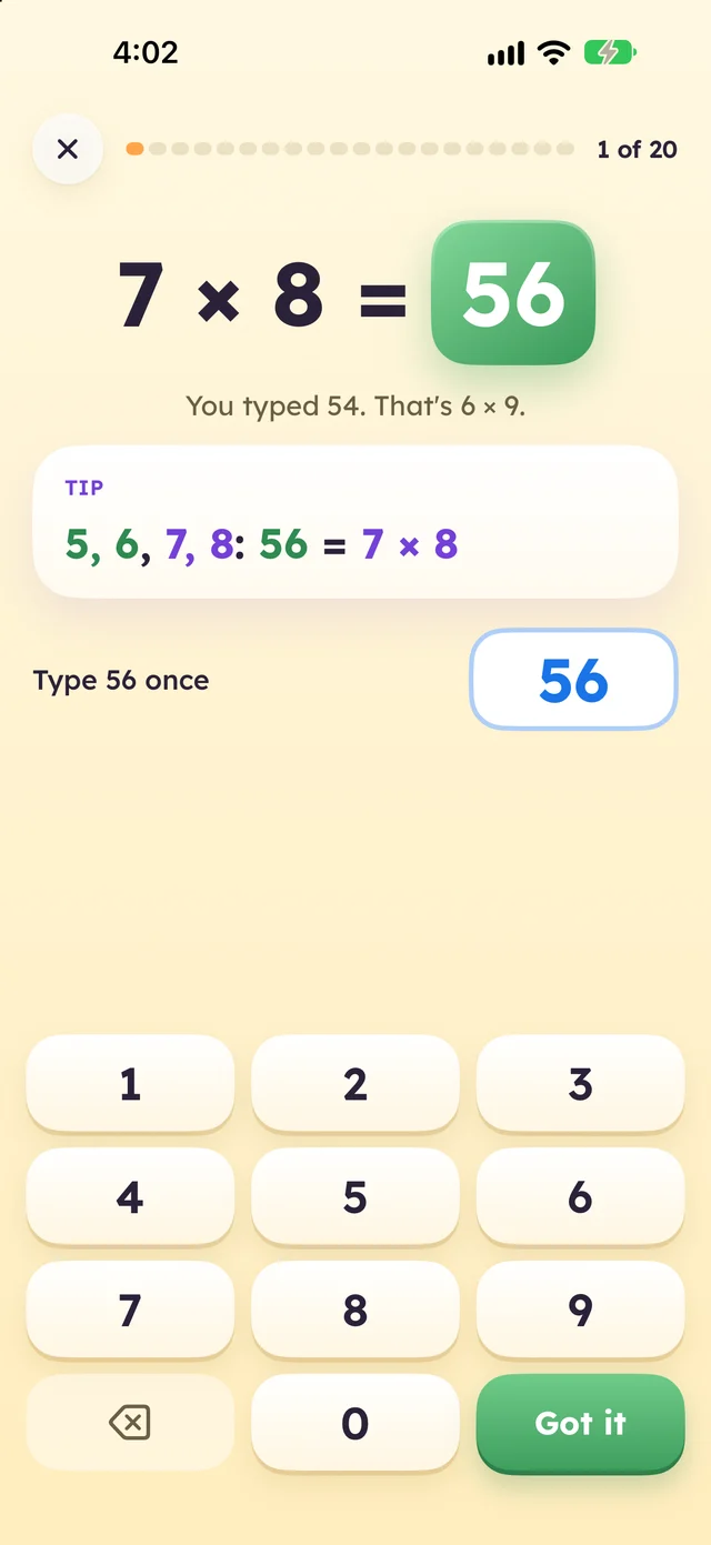 Sevens practice screen after a mistake: 7 &times; 8 = 56, you typed 54, that&rsquo;s 6 &times; 9, with the tip 5, 6, 7, 8: 56 = 7 &times; 8